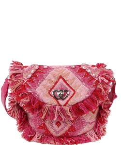 Boho Chic Crochet Fringe Flap Saddle Crossbody Bag CY016 FUCHSIA